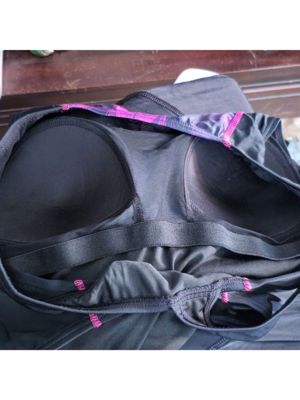 Athletic Racerback One-Piece Swimsuit M Pink Black UPF 50+ Geometric Cutout - Picture 3 of 9